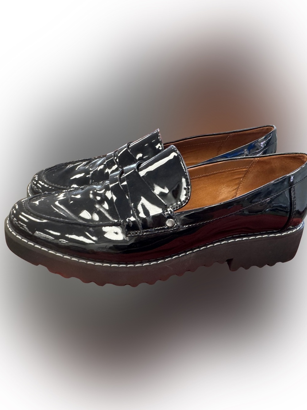 Franco Sarto Black Patent Leather Penny Loafers with Lug Sole